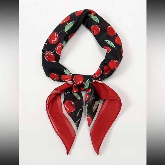 Cherry Print Black and Red Scarf P8 - Picture 4 of 6
